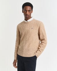 maglione girocollo in lana dagnello con lavorazione a trecce - cachi mélange