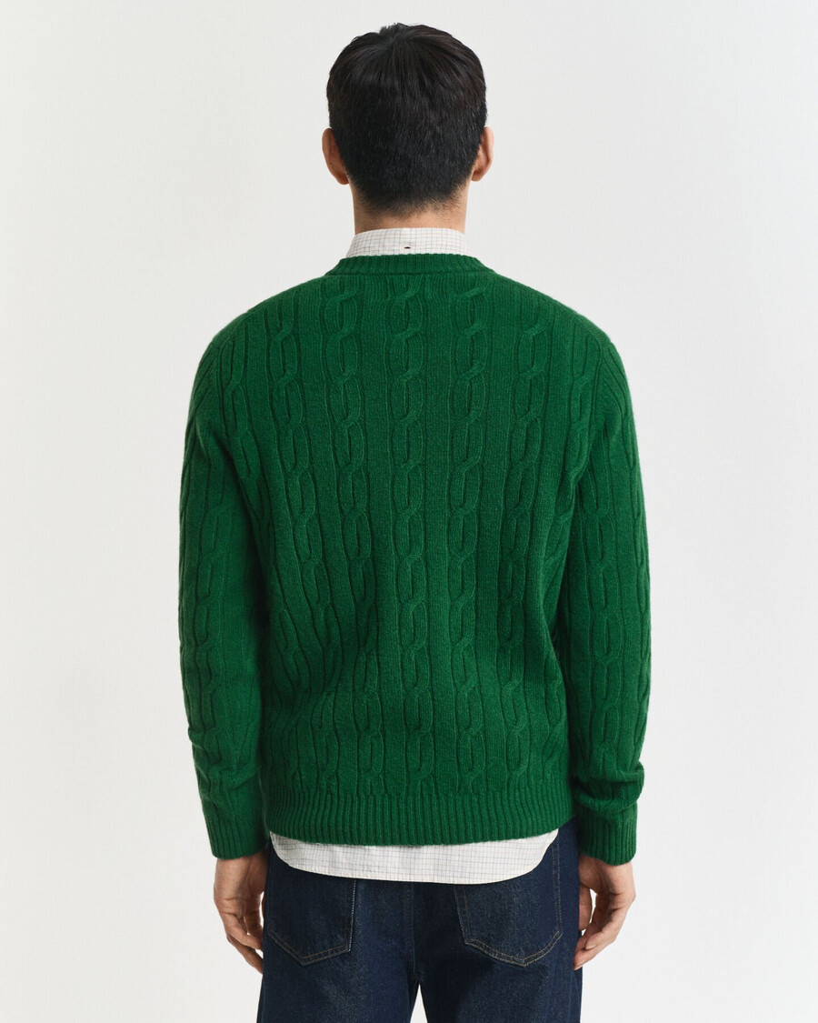 maglione girocollo in lana dagnello con lavorazione a trecce - verde foresta