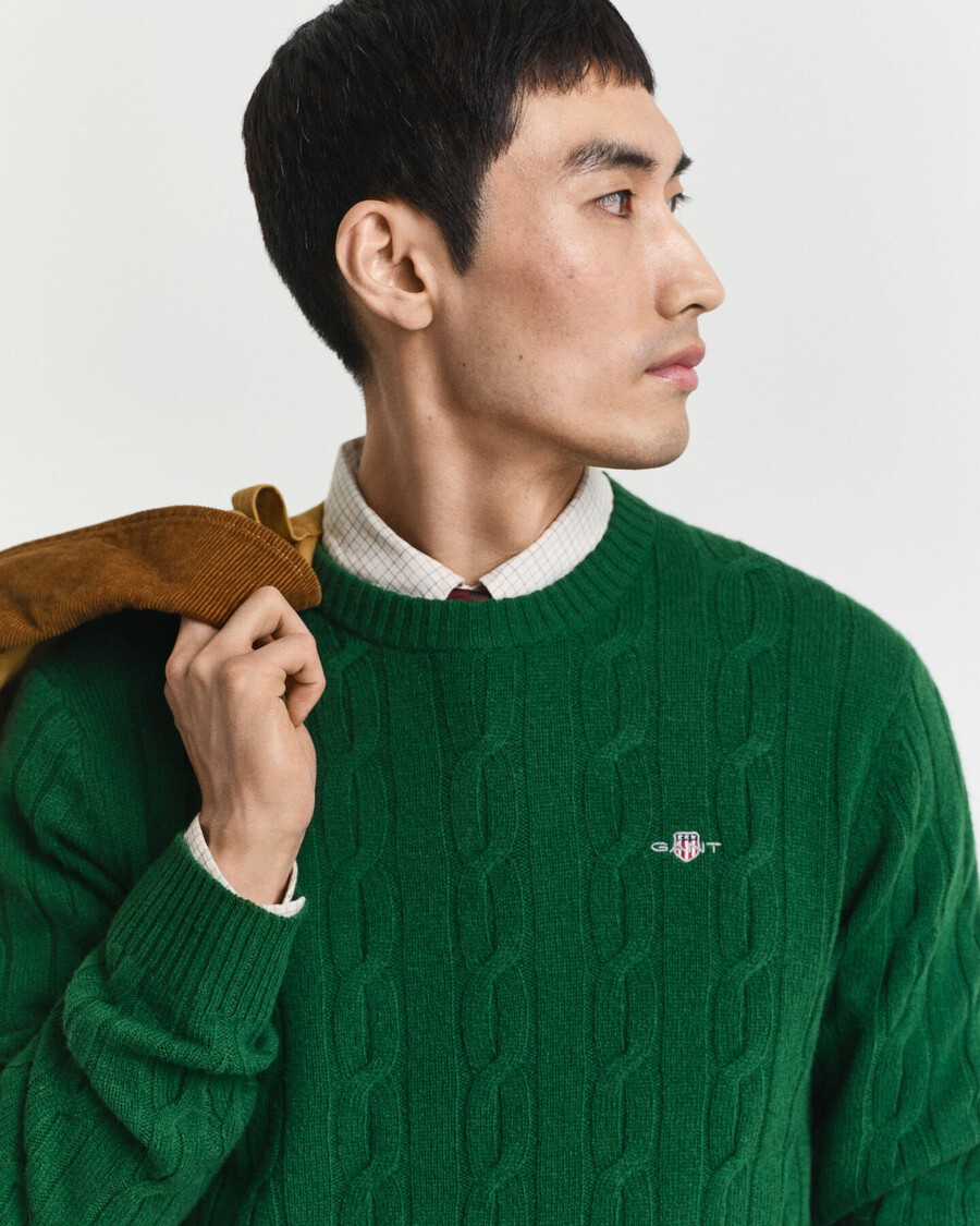 maglione girocollo in lana dagnello con lavorazione a trecce - verde foresta