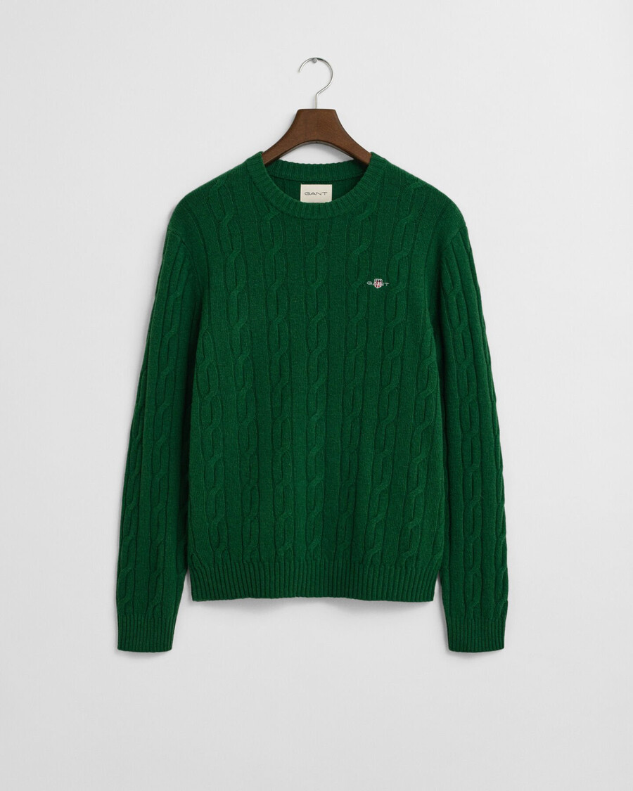 maglione girocollo in lana dagnello con lavorazione a trecce - verde foresta