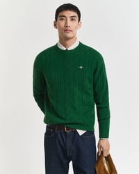 maglione girocollo in lana dagnello con lavorazione a trecce - verde foresta