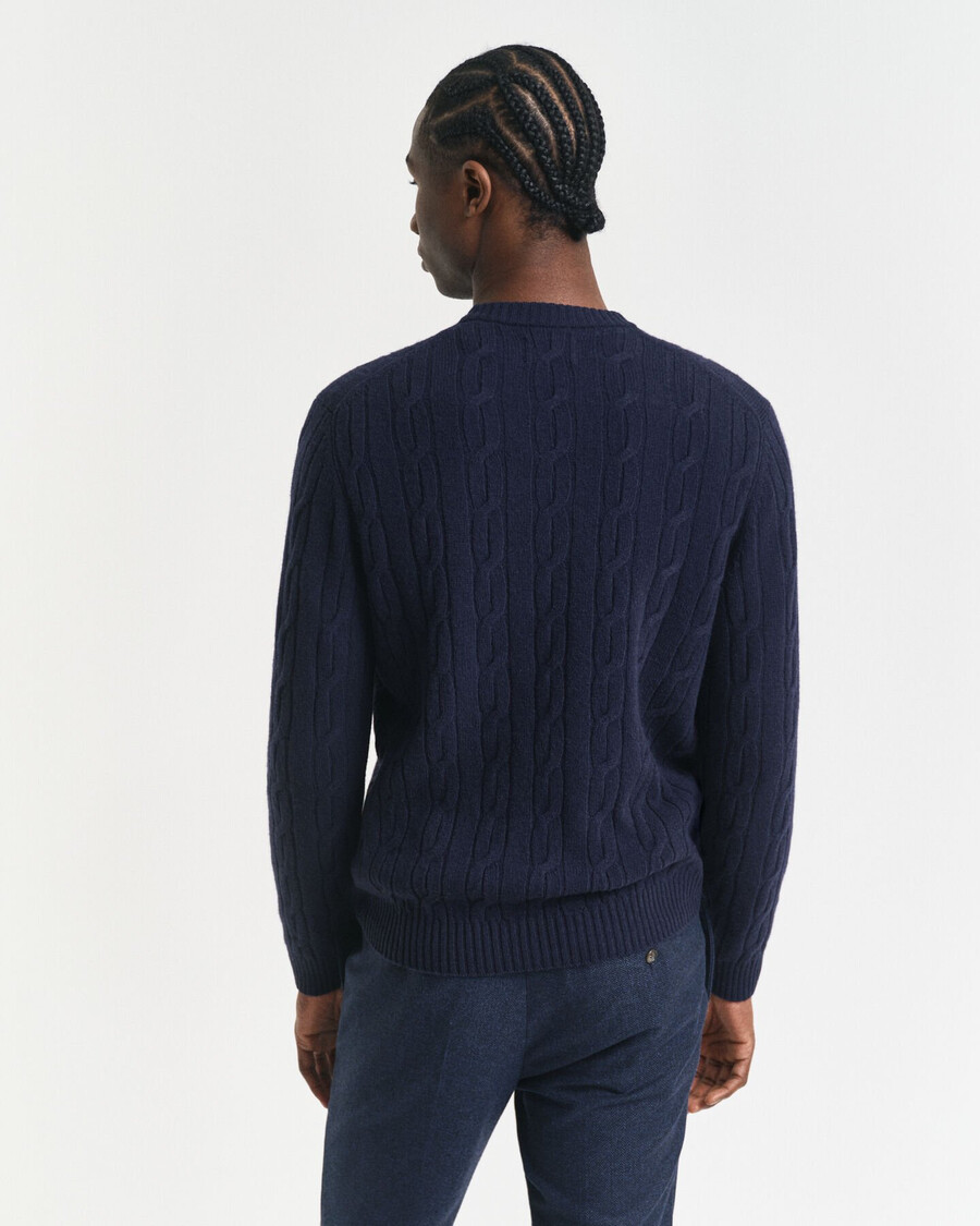 maglione girocollo in lana dagnello con lavorazione a trecce - blu sera