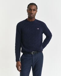 maglione girocollo in lana dagnello con lavorazione a trecce - blu sera