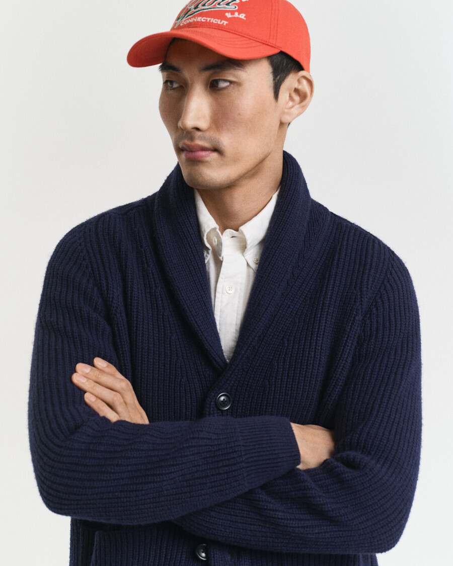 cardigan con collo a scialle in misto lana - blu sera