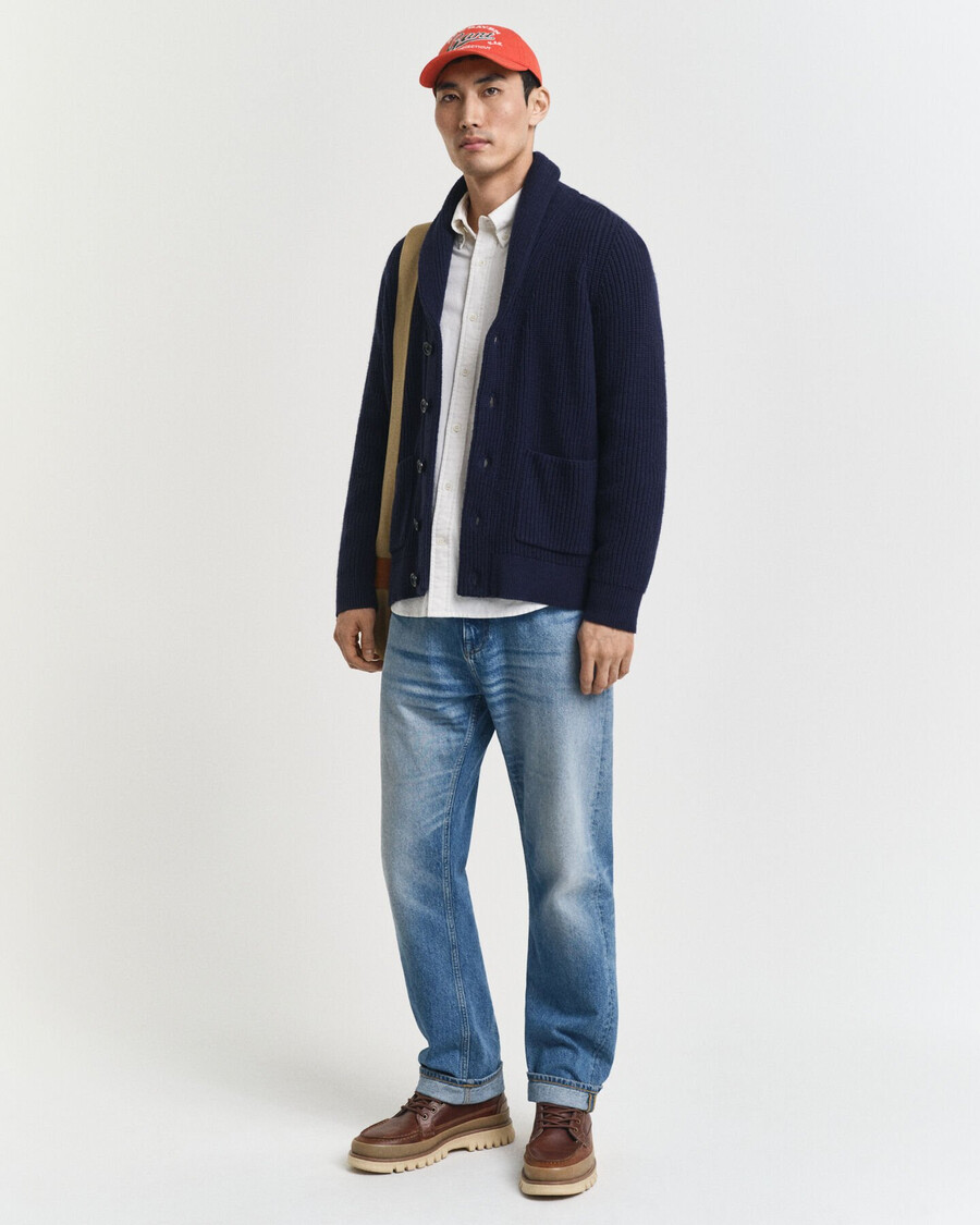 cardigan con collo a scialle in misto lana - blu sera