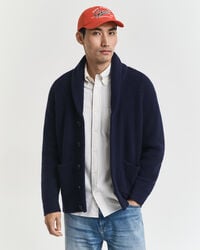 cardigan con collo a scialle in misto lana - blu sera