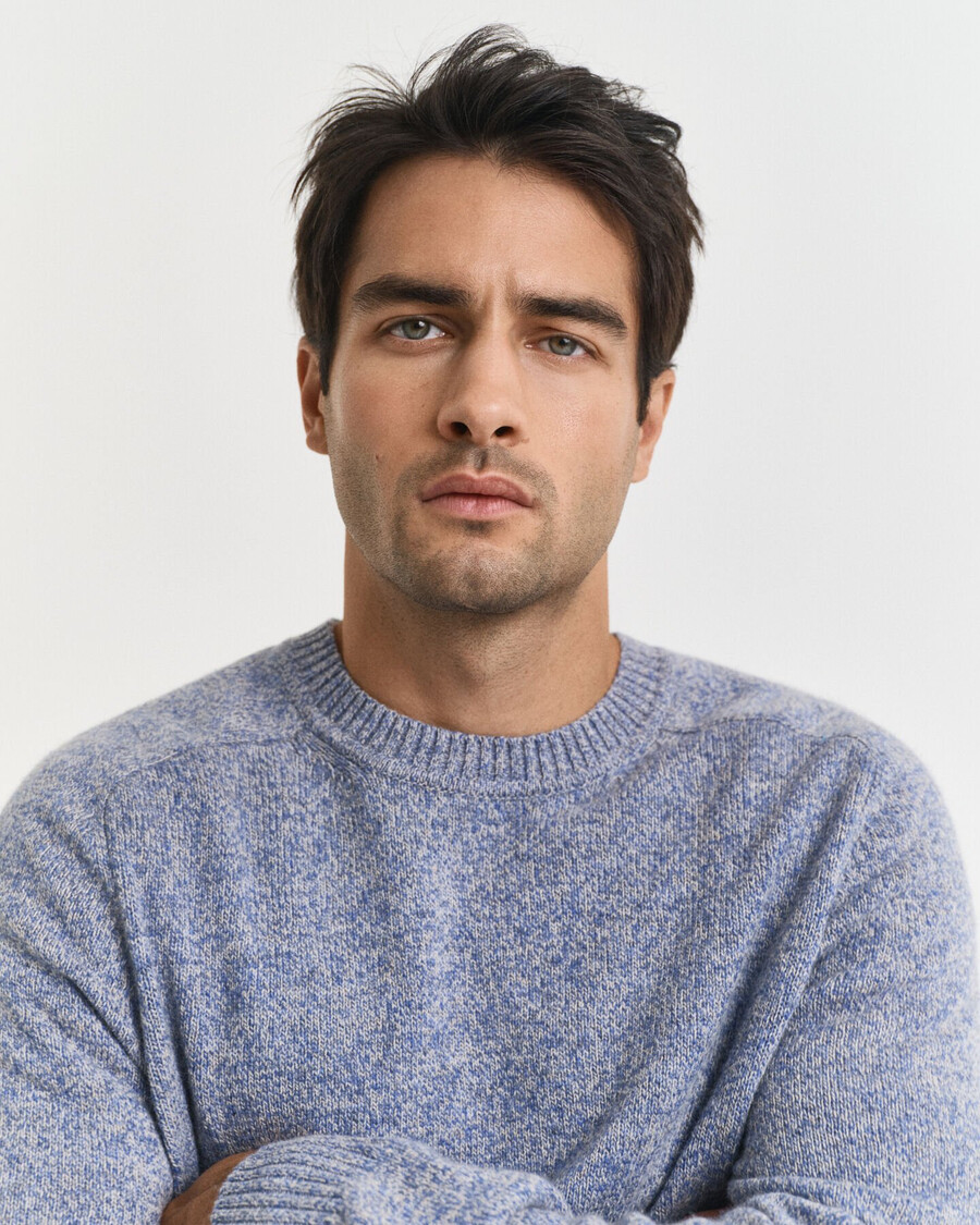 maglione girocollo in misto lana mouliné - blu denim melange