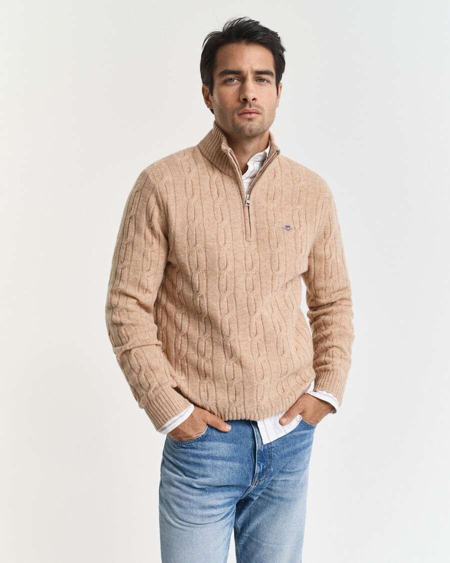 maglione in lana dagnello con mezza zip e lavorazione a trecce - cachi mélange