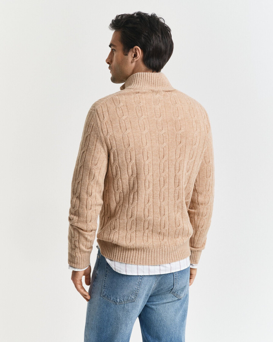 maglione in lana dagnello con mezza zip e lavorazione a trecce - cachi mélange