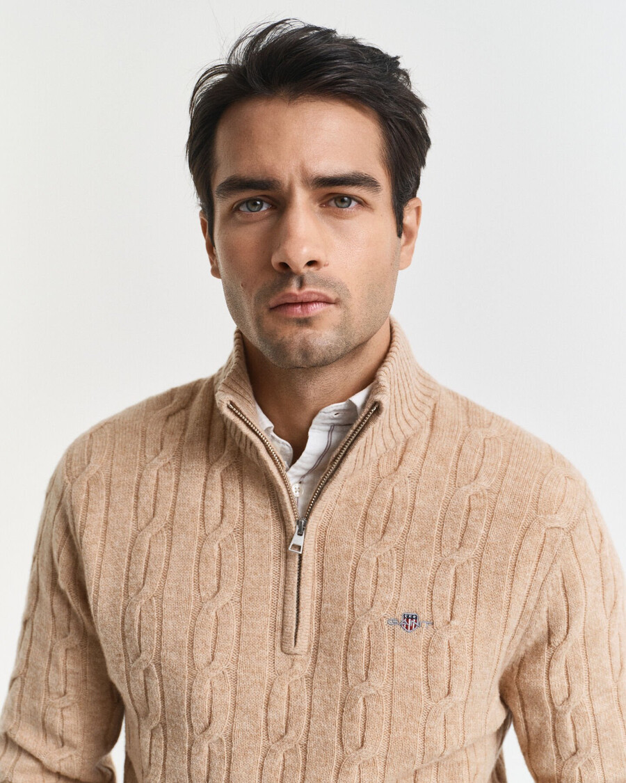 maglione in lana dagnello con mezza zip e lavorazione a trecce - cachi mélange