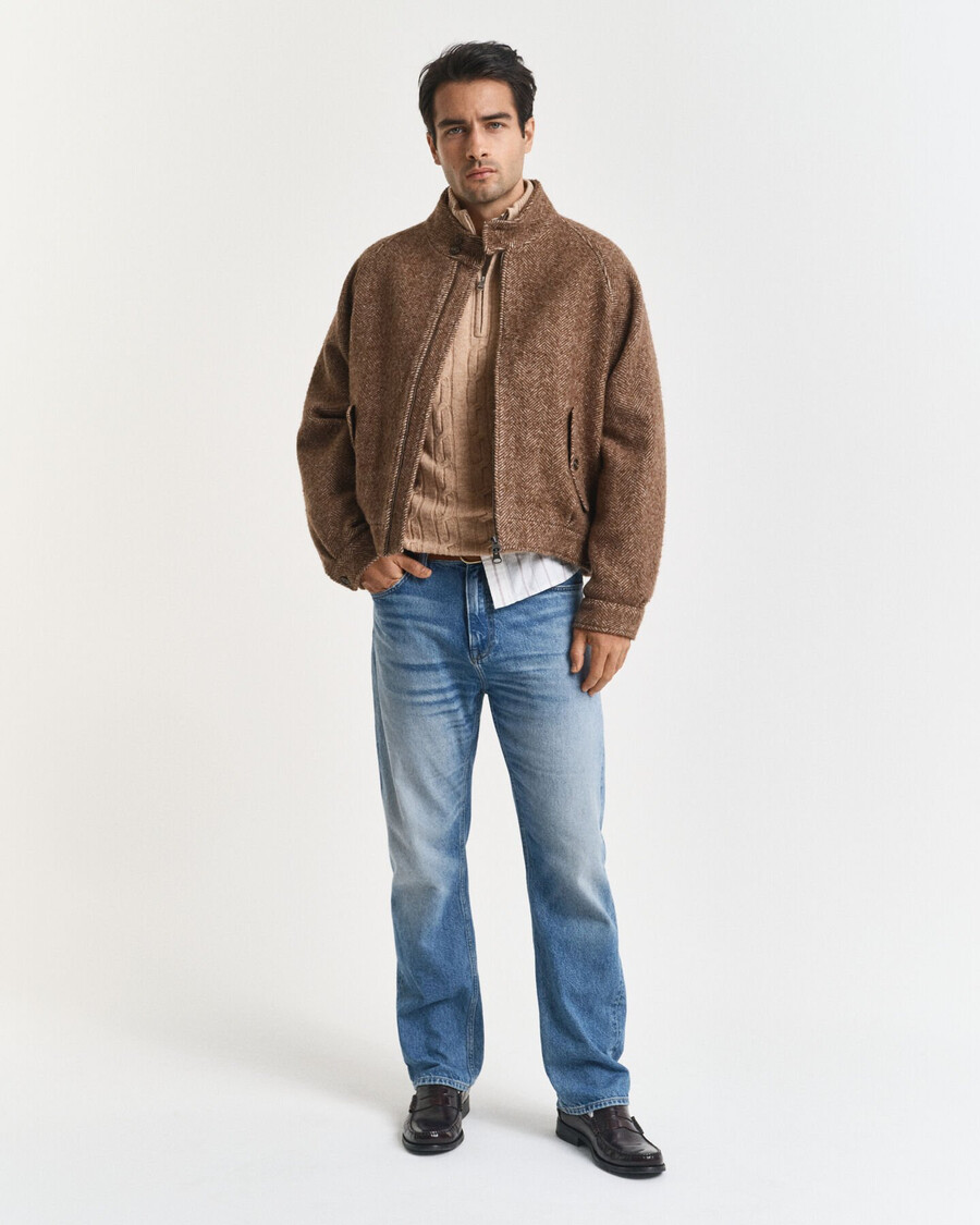 maglione in lana dagnello con mezza zip e lavorazione a trecce - cachi mélange