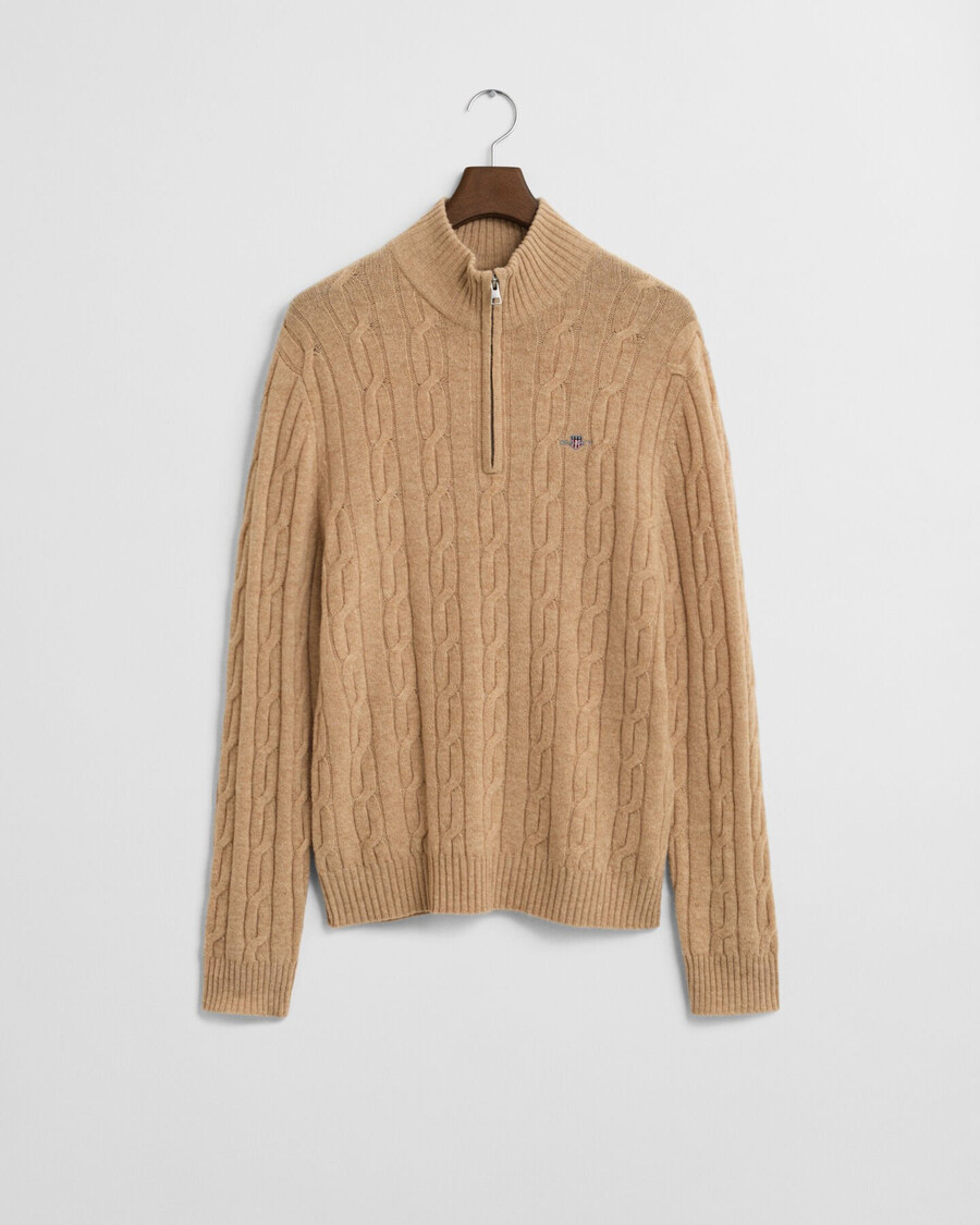 maglione in lana dagnello con mezza zip e lavorazione a trecce - cachi mélange