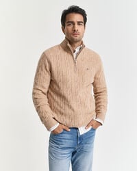 maglione in lana dagnello con mezza zip e lavorazione a trecce - cachi mélange