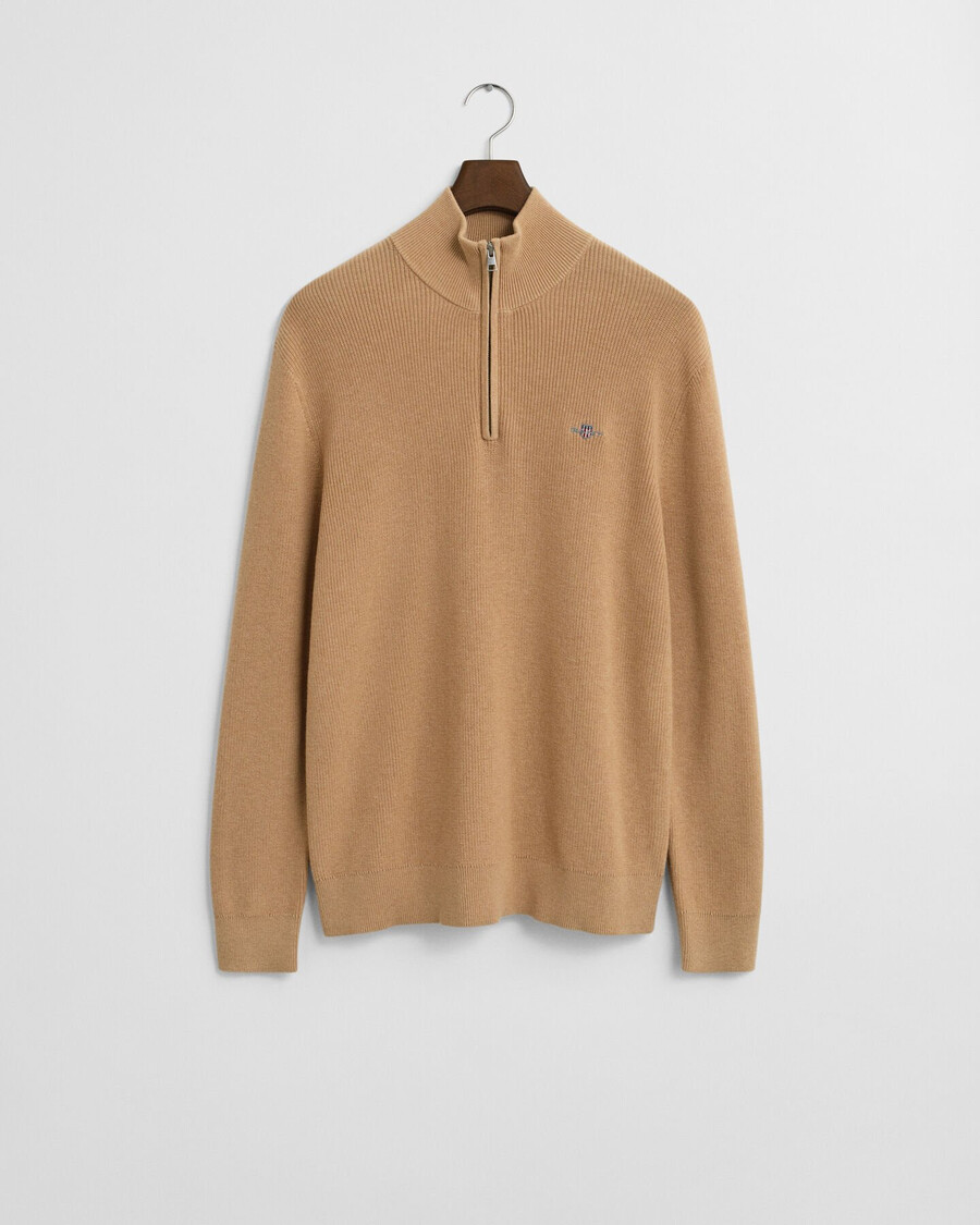 maglione in lana merino e cotone a coste con mezza zip - cachi melange