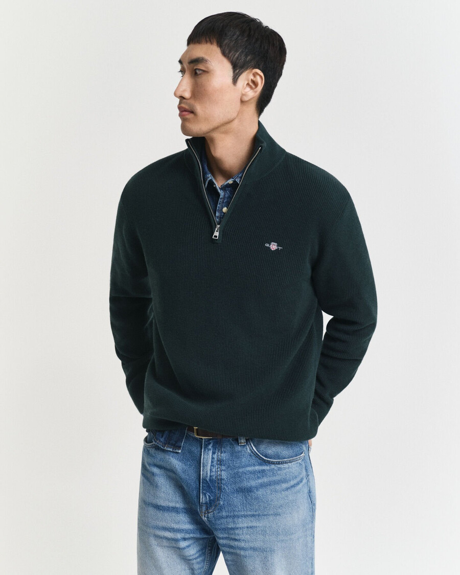 maglione in lana merino e cotone a coste con mezza zip - verde tartan