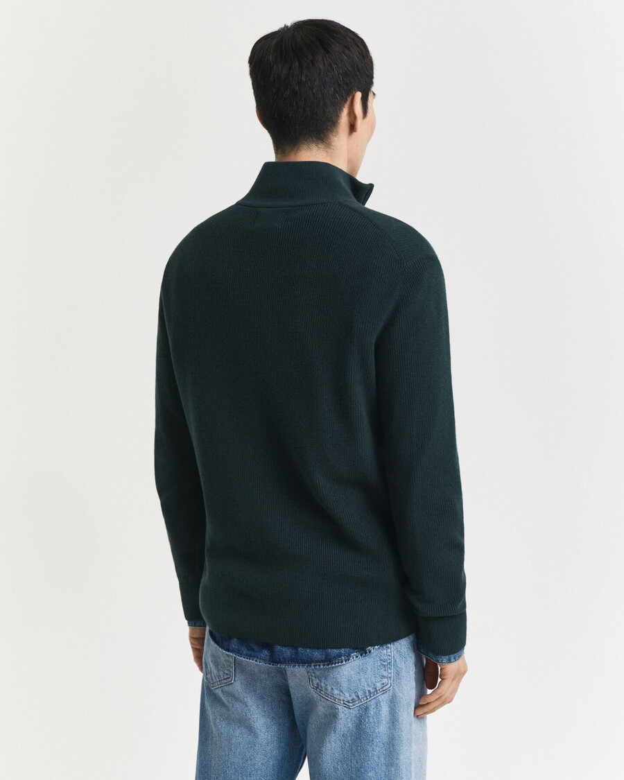 maglione in lana merino e cotone a coste con mezza zip - verde tartan