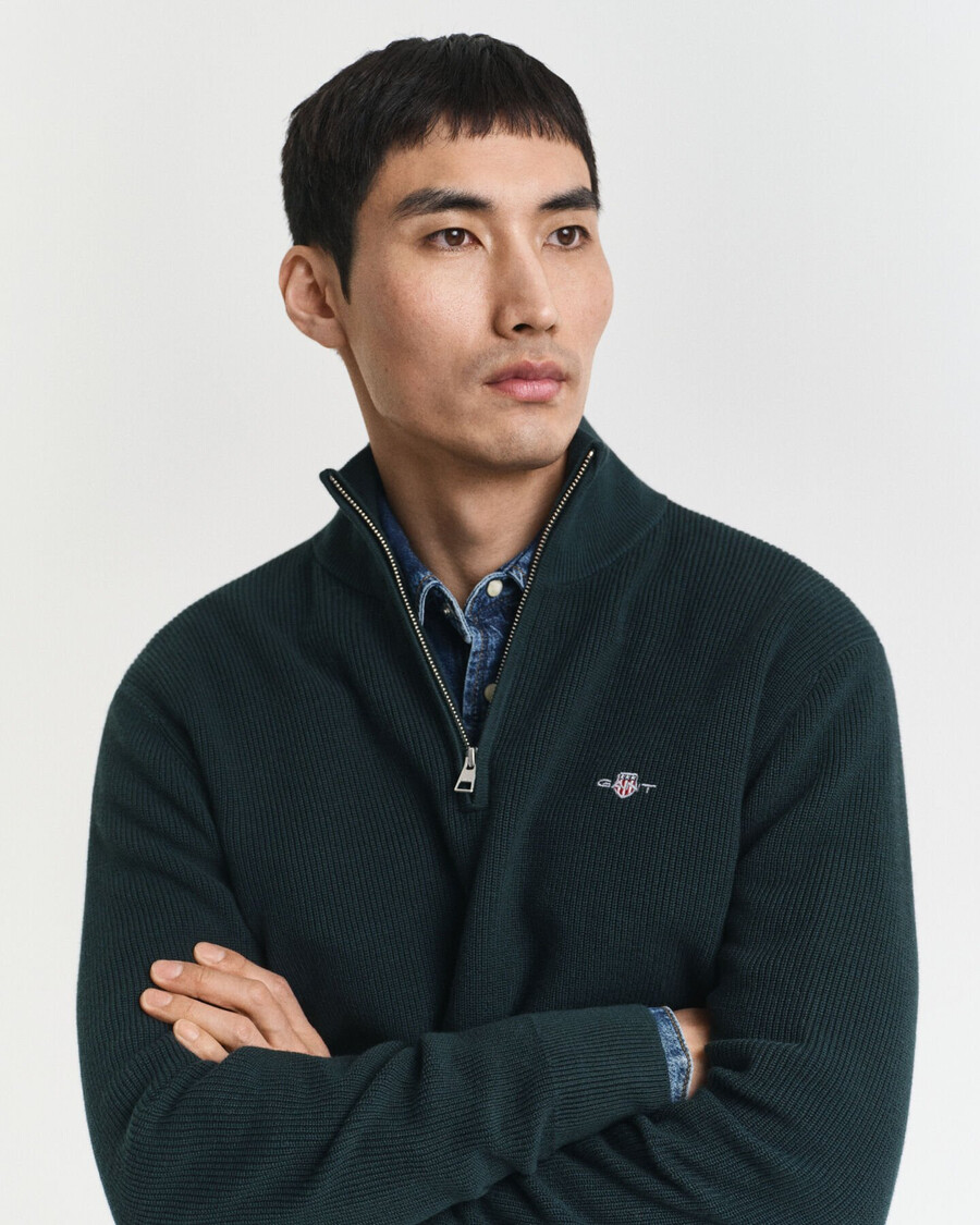 maglione in lana merino e cotone a coste con mezza zip - verde tartan