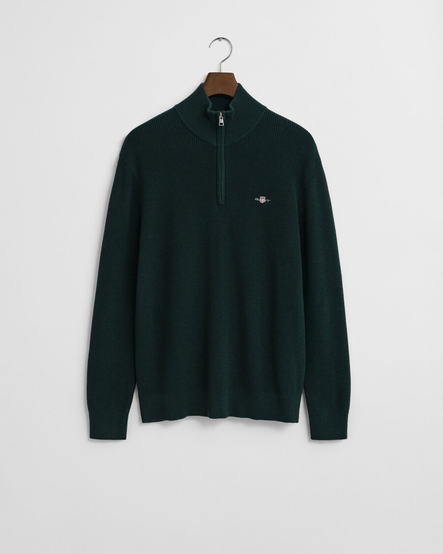maglione in lana merino e cotone a coste con mezza zip - verde tartan
