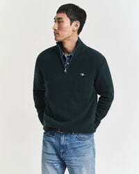 maglione in lana merino e cotone a coste con mezza zip - verde tartan