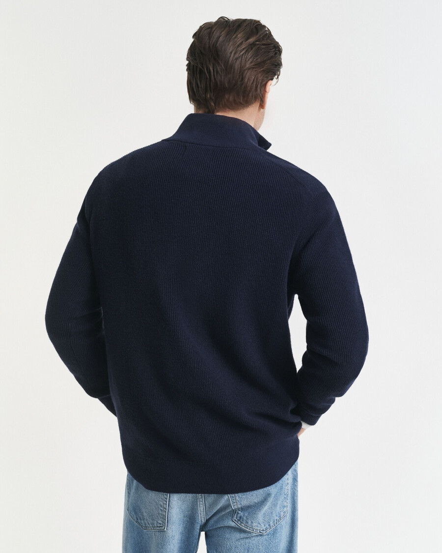 maglione a mezza zip in lana merino e cotone a coste - blu sera