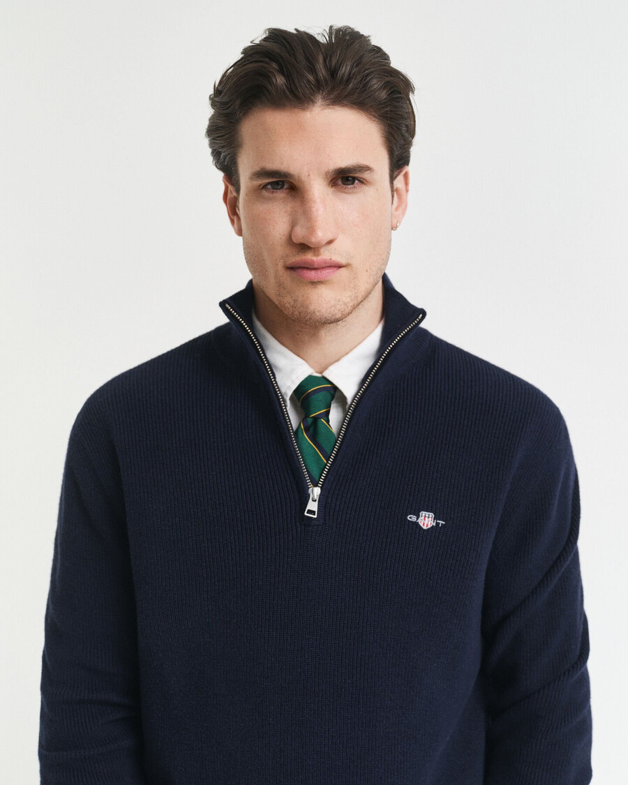 maglione a mezza zip in lana merino e cotone a coste - blu sera