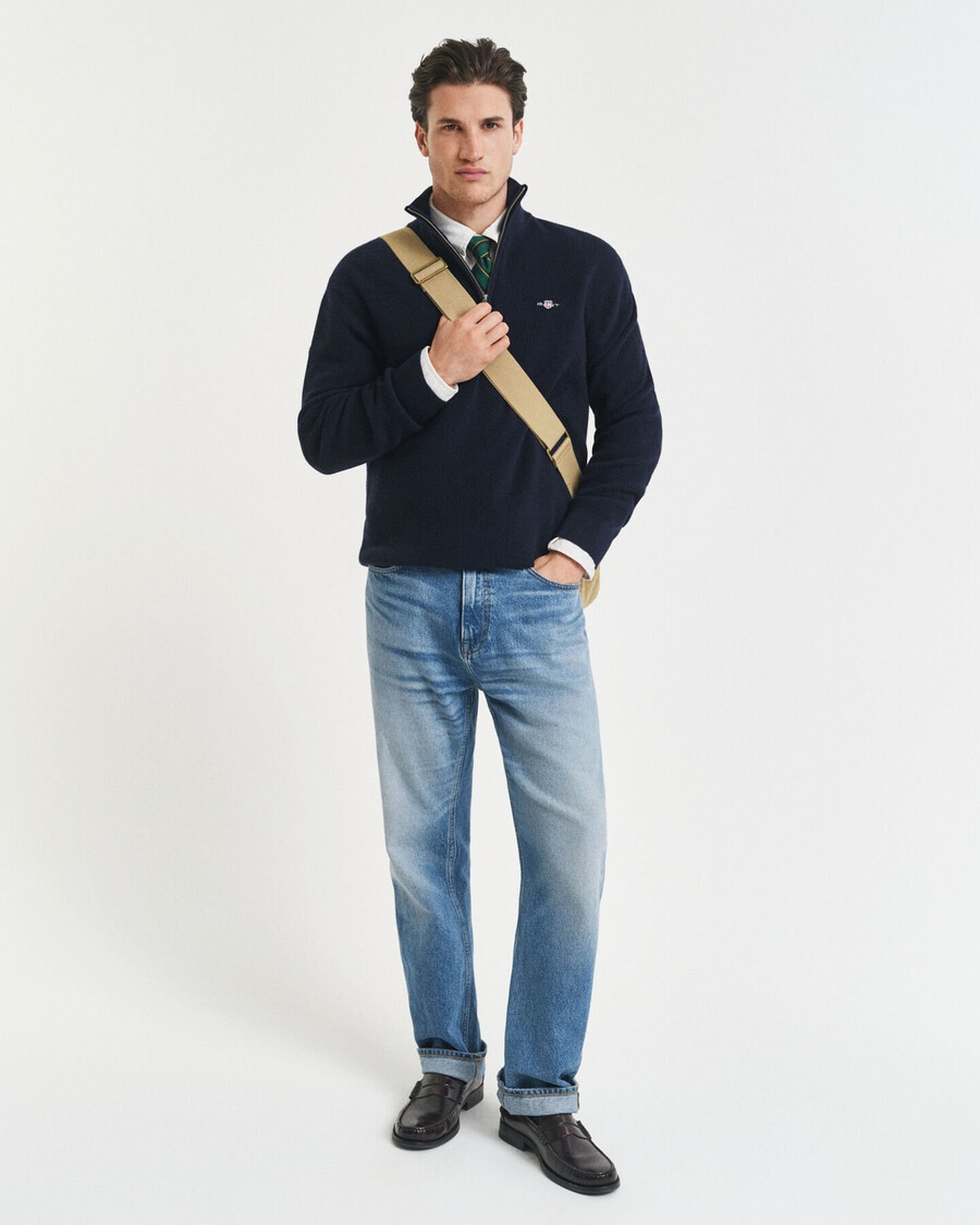 maglione a mezza zip in lana merino e cotone a coste - blu sera