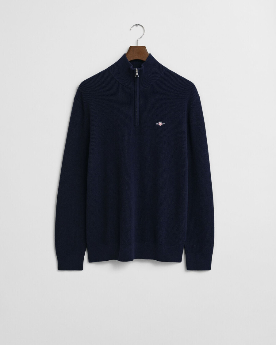 maglione a mezza zip in lana merino e cotone a coste - blu sera
