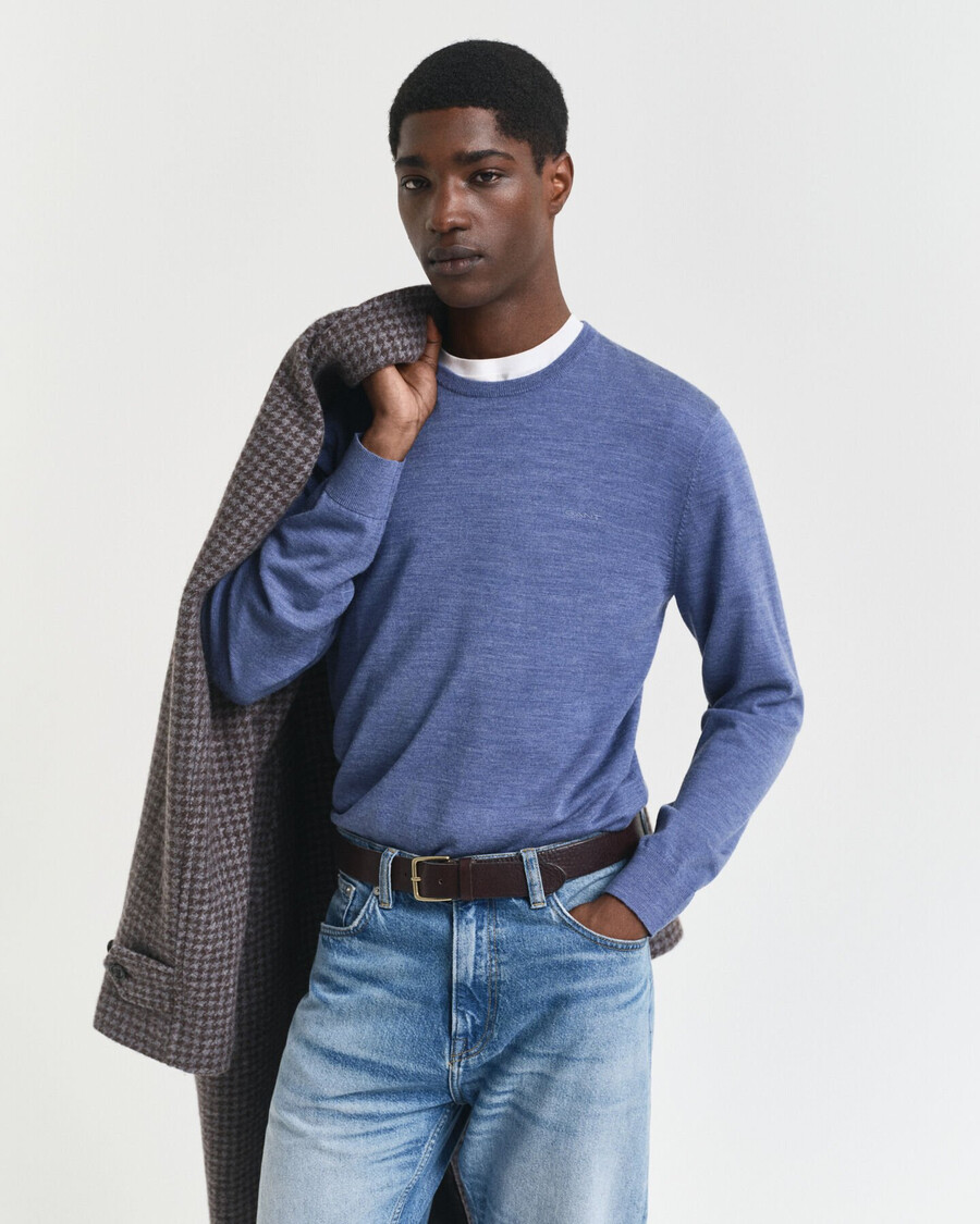 maglione girocollo in lana merino - melange blu pietra