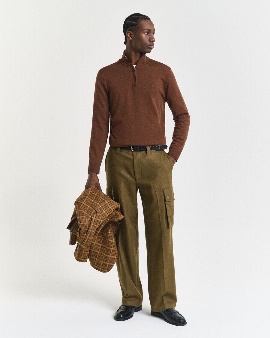 maglione con mezza zip in lana merino extra fine - marrone mogano