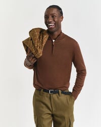 maglione con mezza zip in lana merino extra fine - marrone mogano