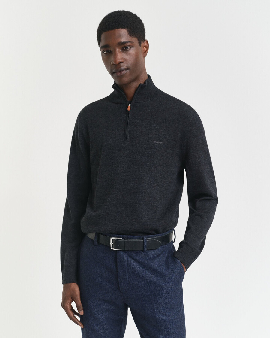 maglione con mezza zip in lana merino extra fine - melange antracite scuro