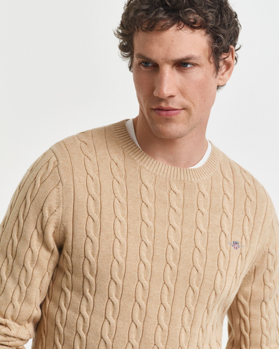 maglione girocollo in maglia di cotone a trecce - cachi mélange