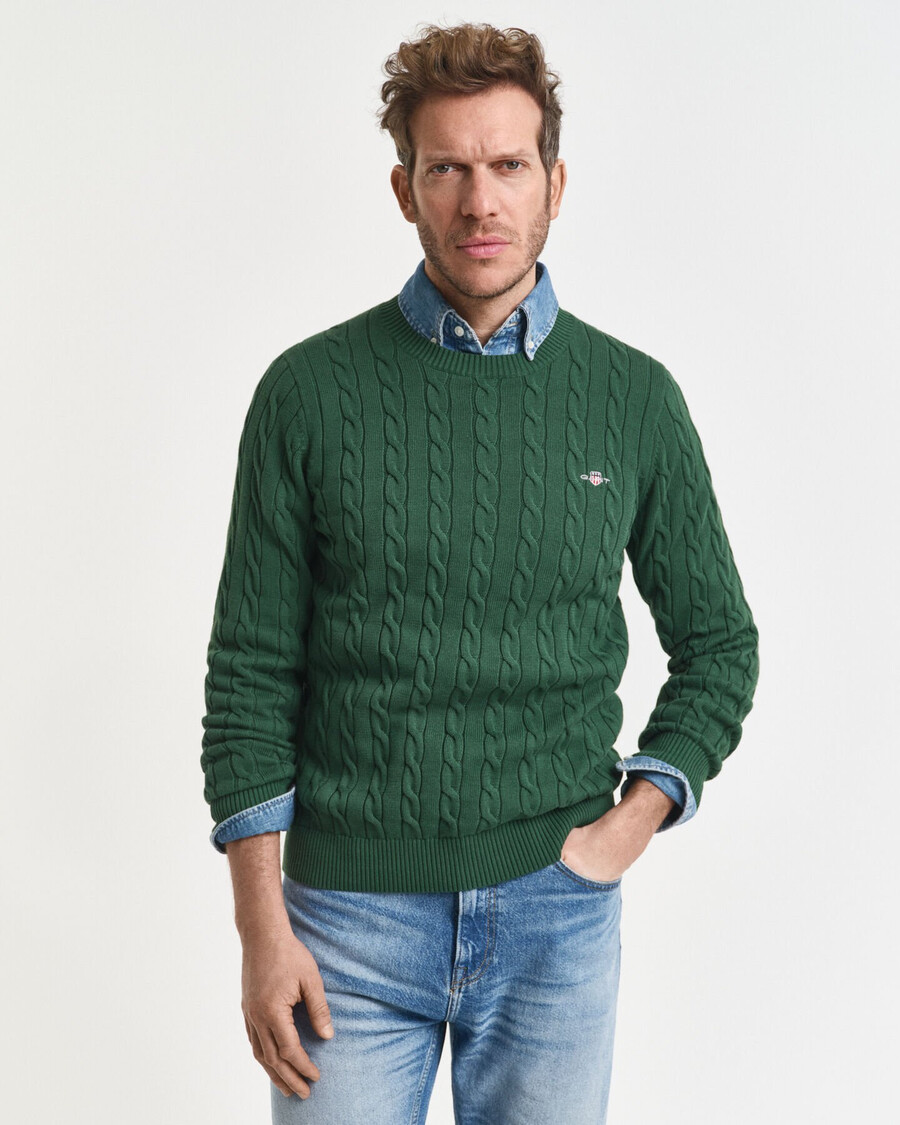 maglione girocollo in maglia di cotone a trecce - verde foresta