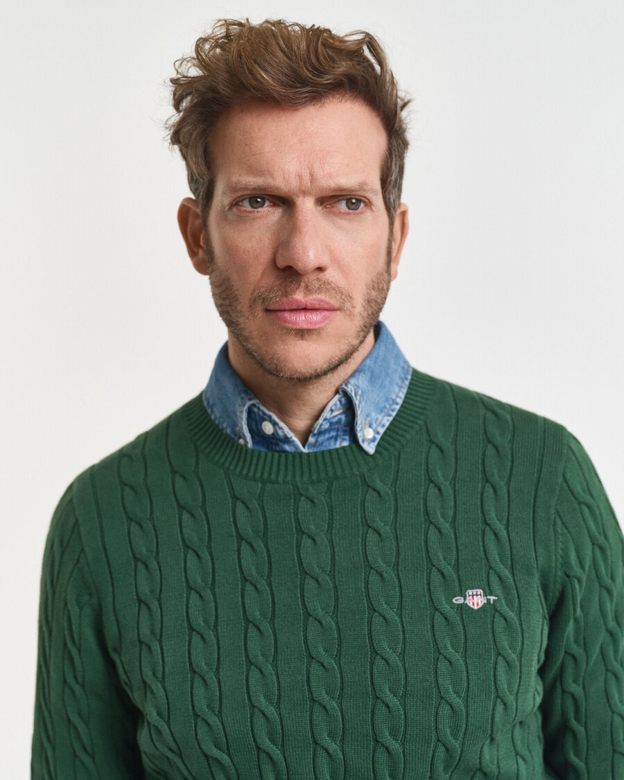 maglione girocollo in maglia di cotone a trecce - verde foresta