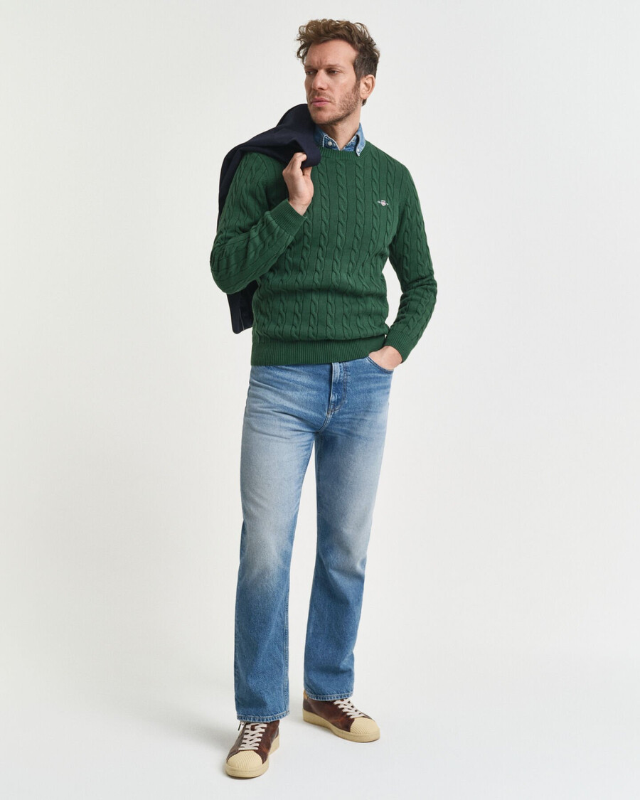 maglione girocollo in maglia di cotone a trecce - verde foresta