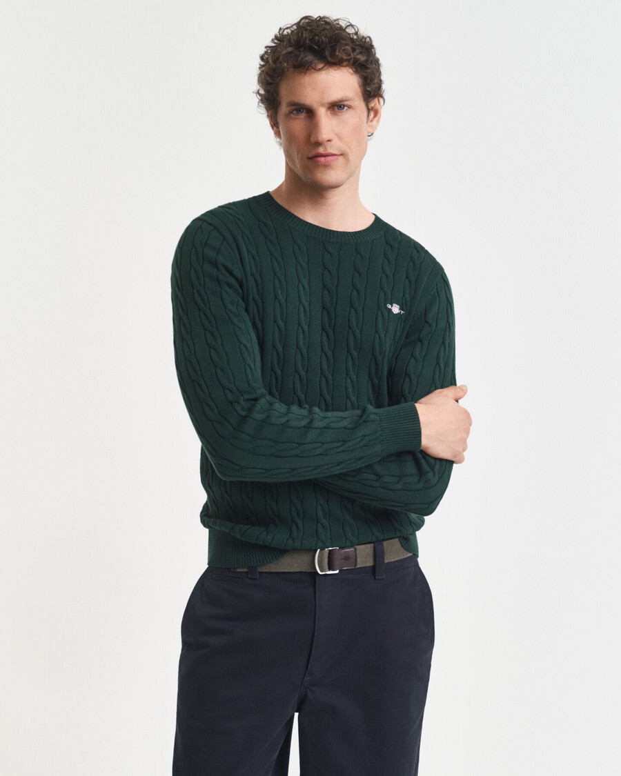 maglione girocollo in maglia di cotone a trecce - verde tartan