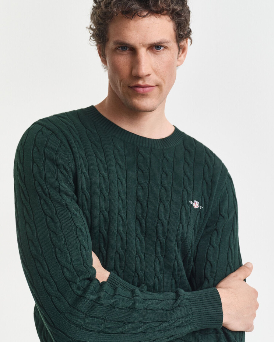 maglione girocollo in maglia di cotone a trecce - verde tartan