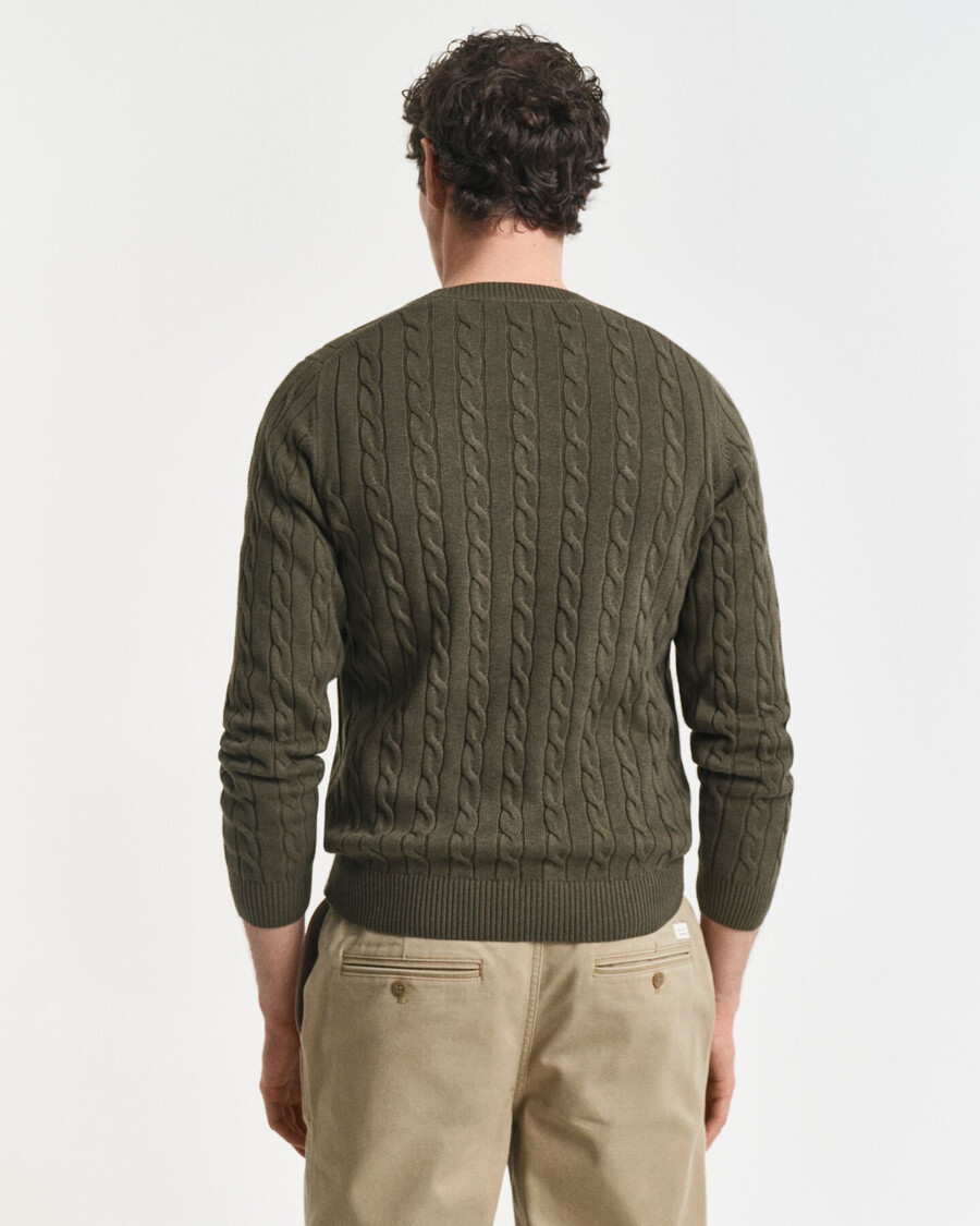 maglione girocollo in maglia di cotone a trecce - verde kaki melange