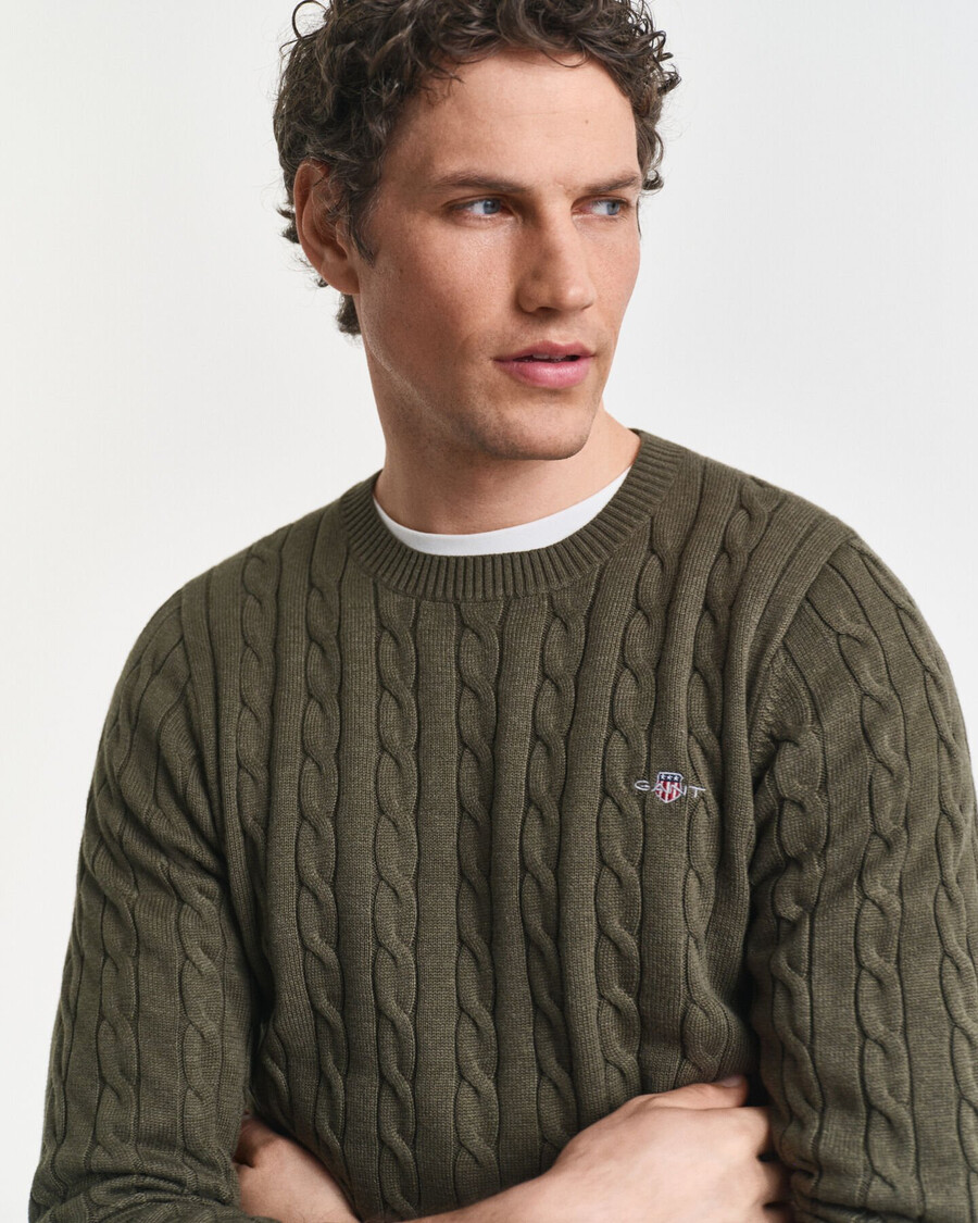 maglione girocollo in maglia di cotone a trecce - verde kaki melange