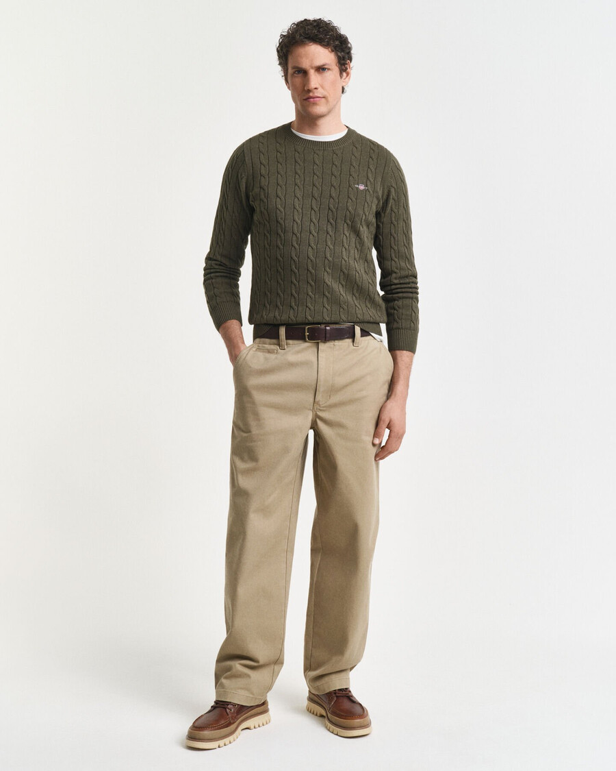 maglione girocollo in maglia di cotone a trecce - verde kaki melange