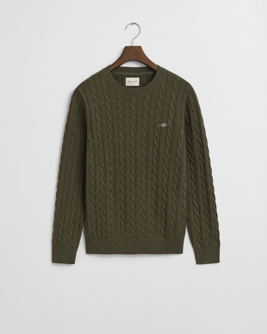 maglione girocollo in maglia di cotone a trecce - verde kaki melange