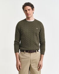 maglione girocollo in maglia di cotone a trecce - verde kaki melange
