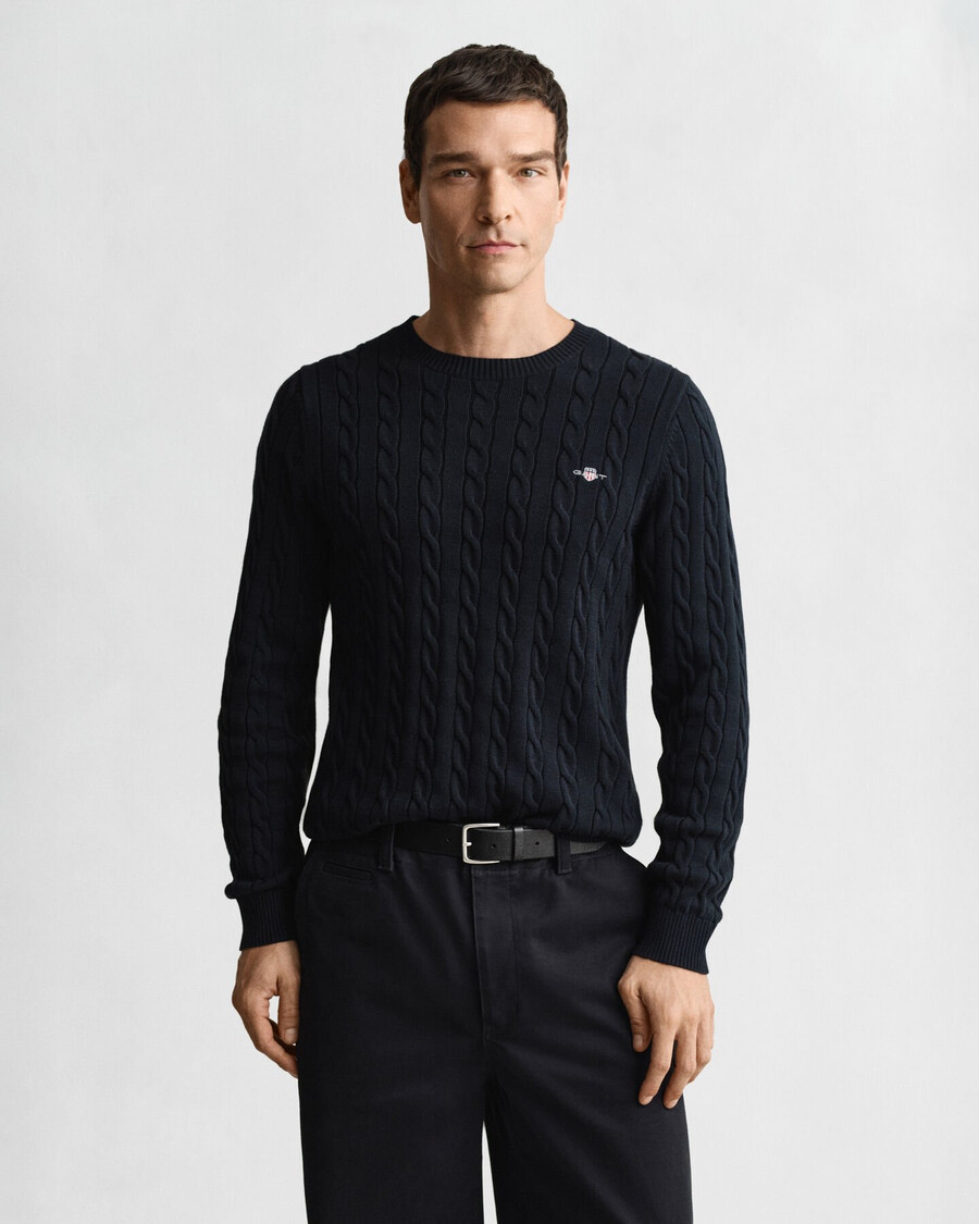maglione girocollo in maglia di cotone a trecce - blu sera