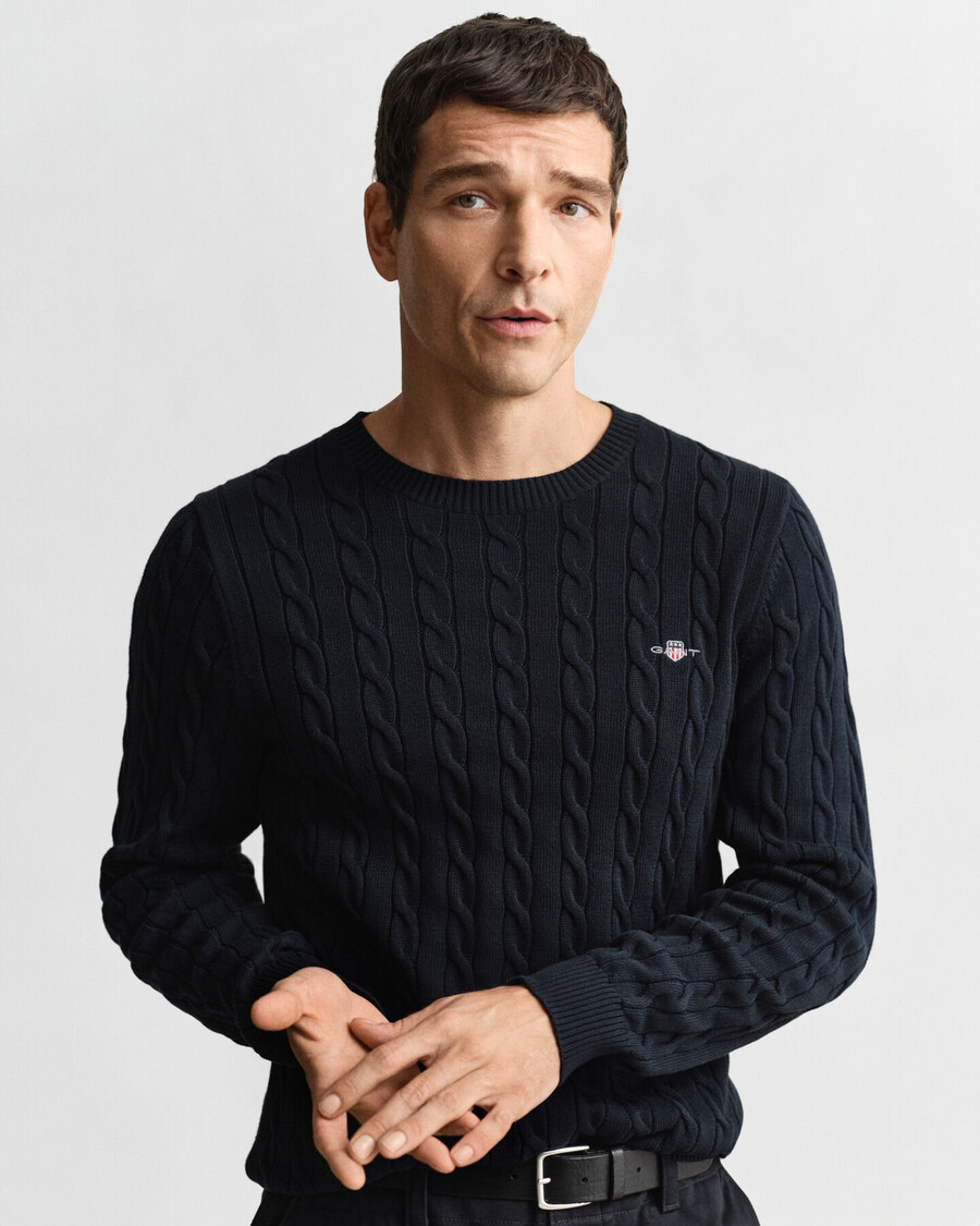 maglione girocollo in maglia di cotone a trecce - blu sera