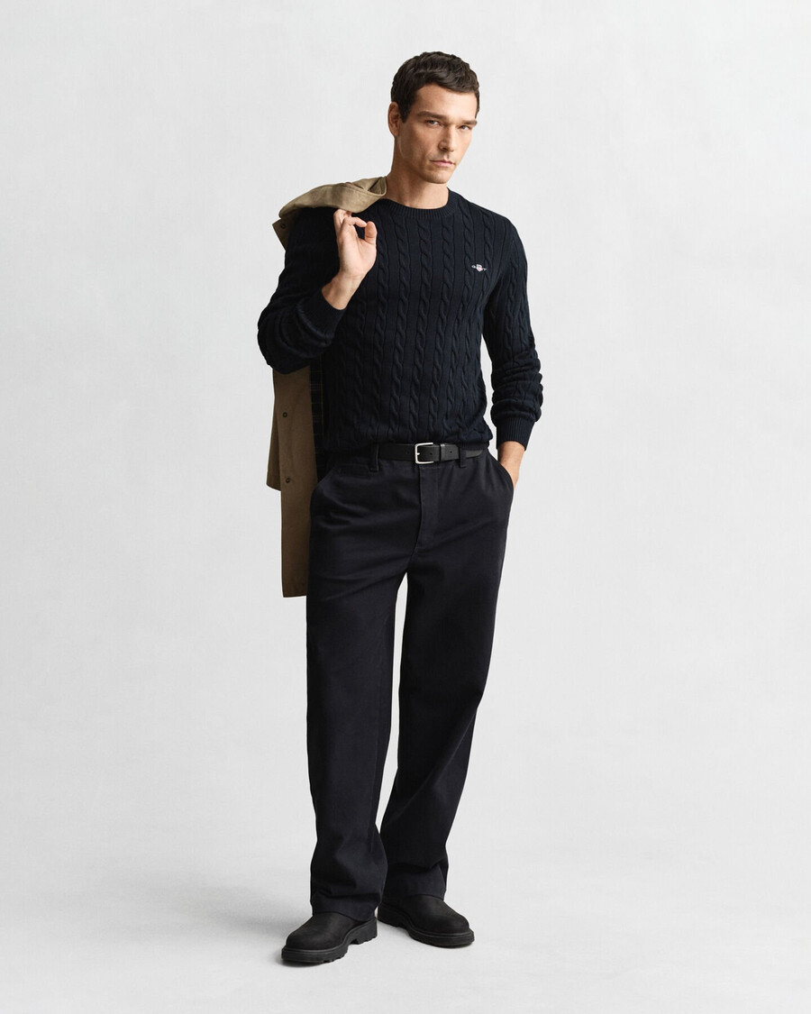 maglione girocollo in maglia di cotone a trecce - blu sera