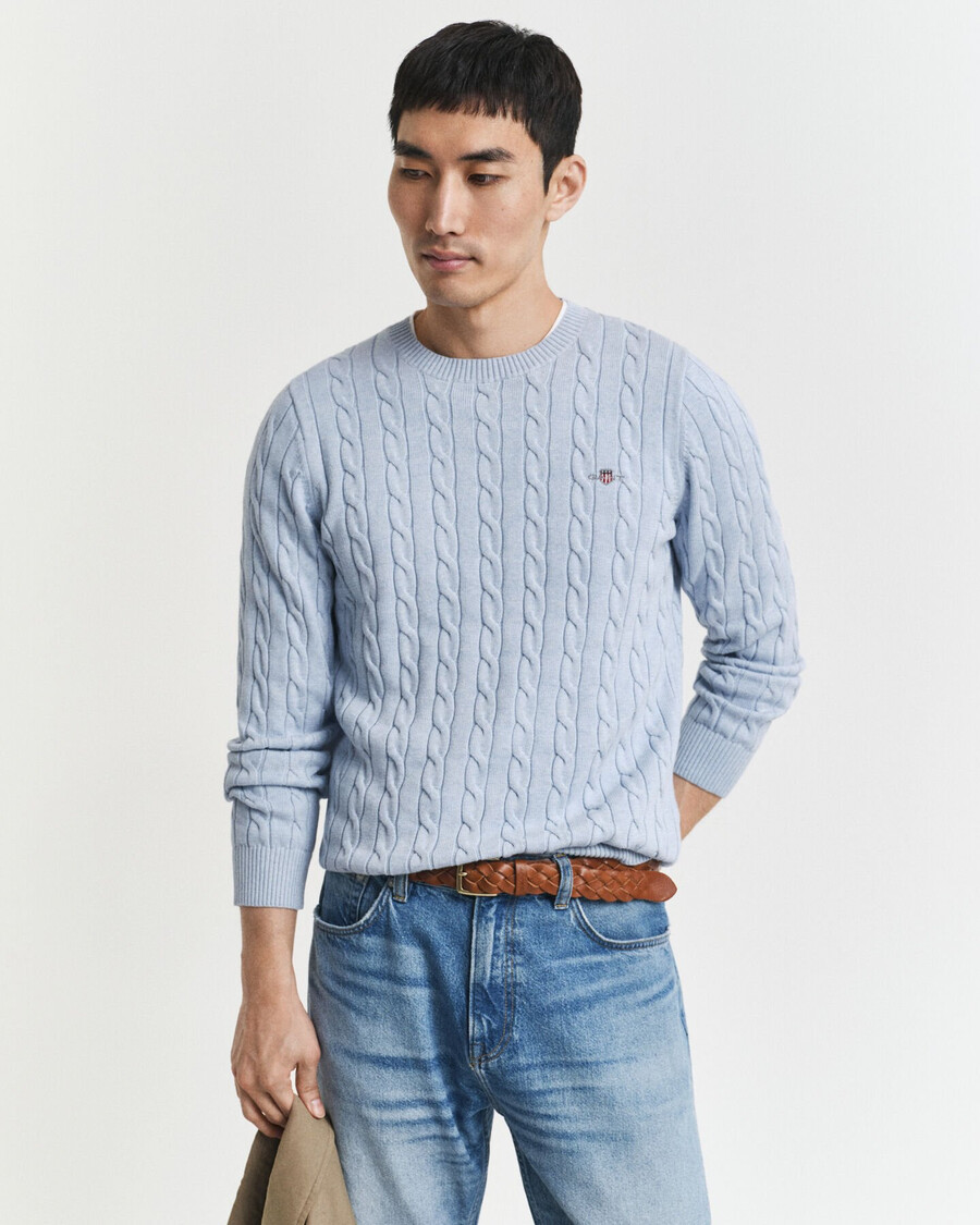 maglione girocollo in maglia di cotone a trecce - melange blu ghiaccio