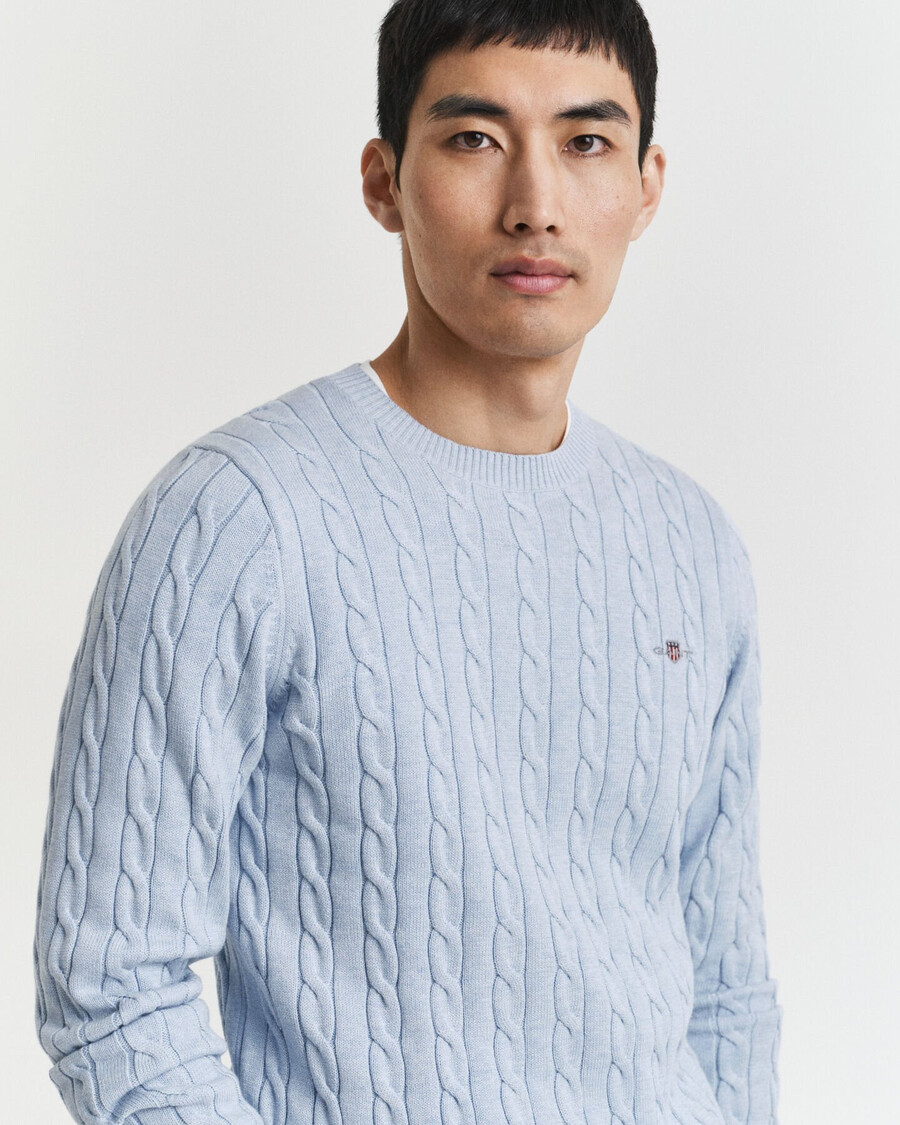maglione girocollo in maglia di cotone a trecce - melange blu ghiaccio
