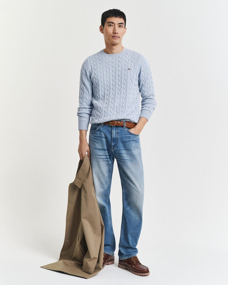 maglione girocollo in maglia di cotone a trecce - melange blu ghiaccio