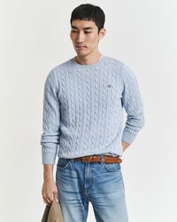 maglione girocollo in maglia di cotone a trecce - melange blu ghiaccio