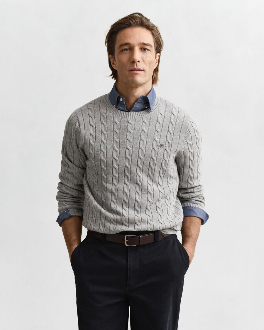 maglione girocollo in maglia di cotone a trecce - grigio melange